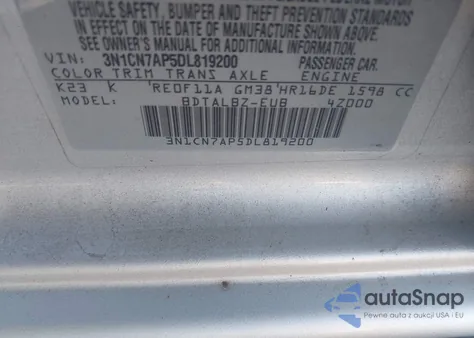 2013 Nissan Versa 1.6 Sv z USA, uszkodzony, nr VIN 3N1CN7AP5DL819200